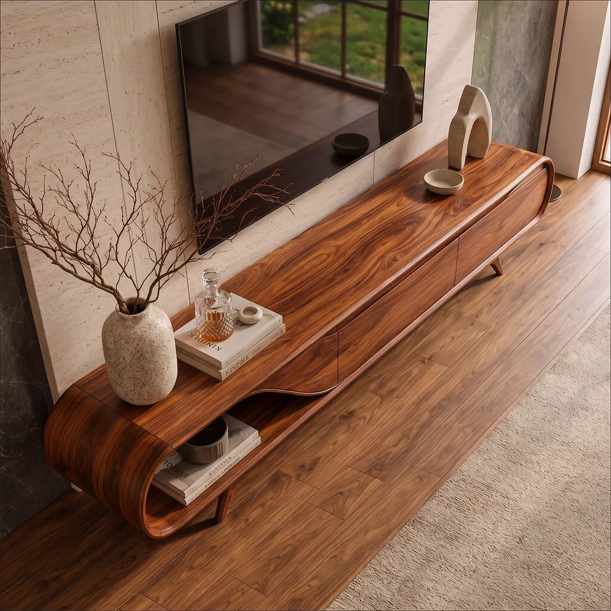 Sculptural Curved TV Stand with 2 Concealed Storage Compartments & Open Shelf | Modern Media Console