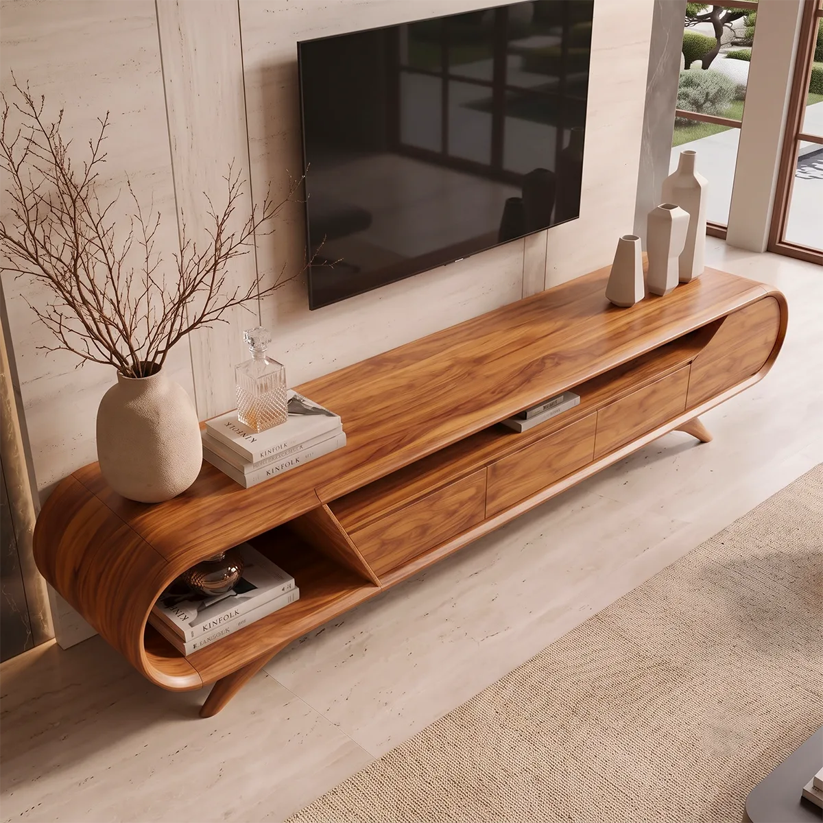Modern Curved TV Stand with 3 Drawers & Open Storage Areas | Sculptural Media Console
