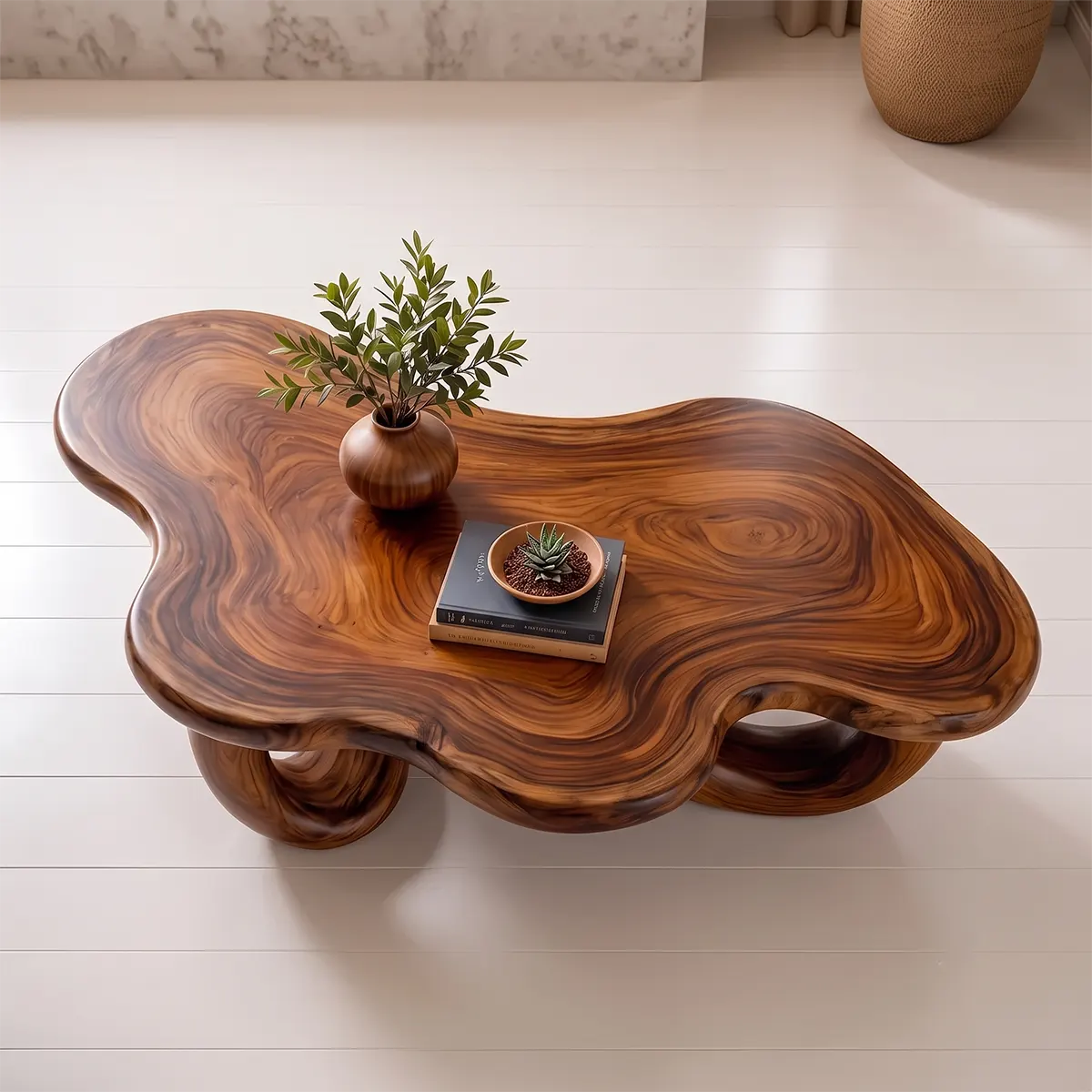 Modern Organic Solid Wood Coffee Table with Sculptural Curved Base TT006-4311