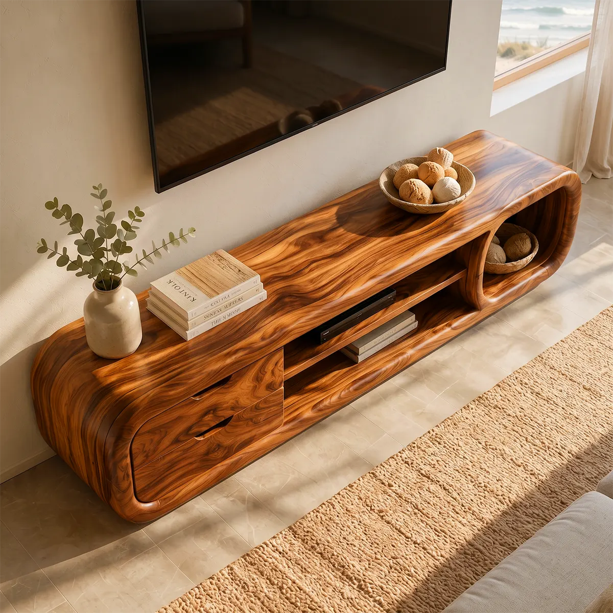 Sculptural Curved TV Stand with 2 Drawers & Open Shelves | Modern Low Profile Media Console