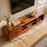 Sculptural Curved TV Stand with 2 Drawers & Open Shelves | Modern Low Profile Media Console