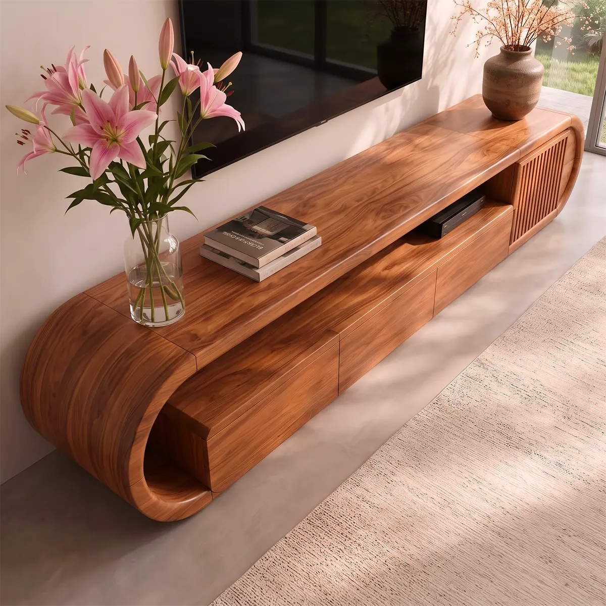 Modern TV Stand with 3 Drawers, Open Shelf & Fluted Cabinet | Curved Media Console
