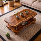 Organic Solid Wood Coffee Table with Storage Shelf | Modern Live Edge Center Table TT006-8710