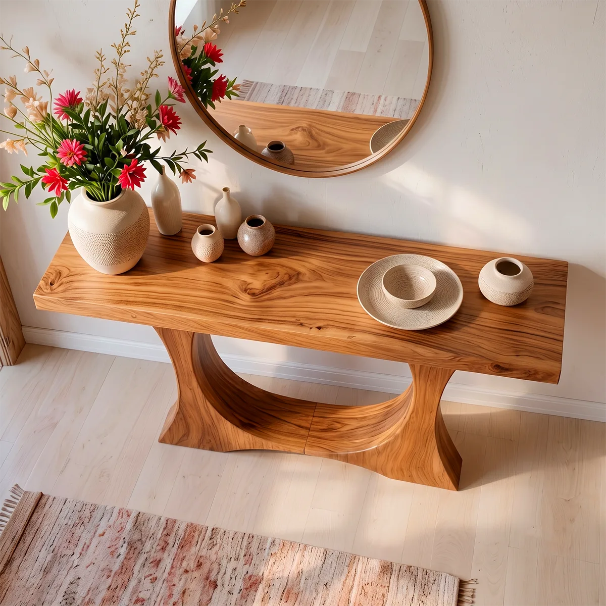 Modern Wooden Console Table with Sculptural Circular Base for Entryway & Hallway TT006-5238