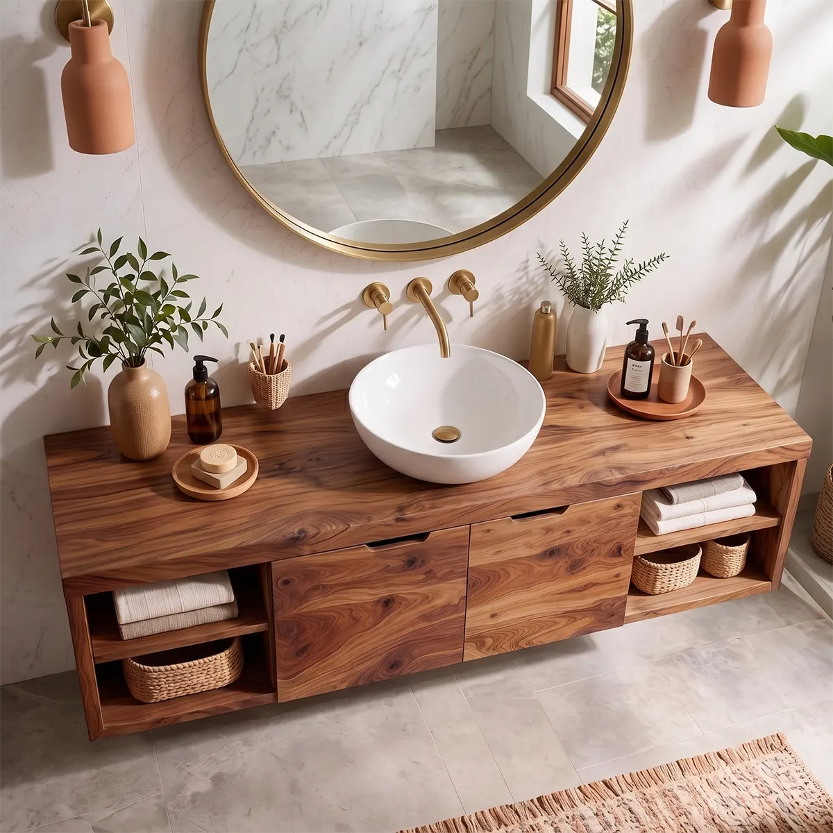 Floating Solid Wood Bathroom Vanity | Wall Mounted Single Sink Vanity with Double-Door Cabinet & Open Shelves TT006-9KLL6LF