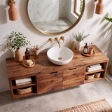 Floating Solid Wood Bathroom Vanity | Wall Mounted Single Sink Vanity with Double-Door Cabinet & Open Shelves TT006-9KLL6LF