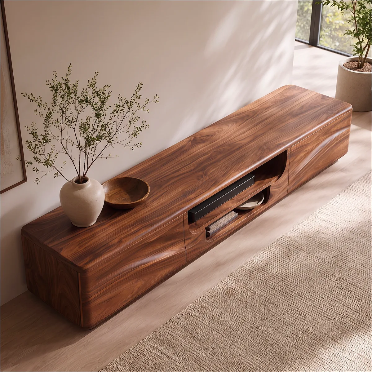 Organic Modern TV Stand with Dual Cabinets & Open Media Shelf | Modern Entertainment Console TT006-7DSN7TR