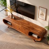 Sculptural Curved TV Stand with 2 Concealed Storage Compartments & Open Shelves | Modern Media Console