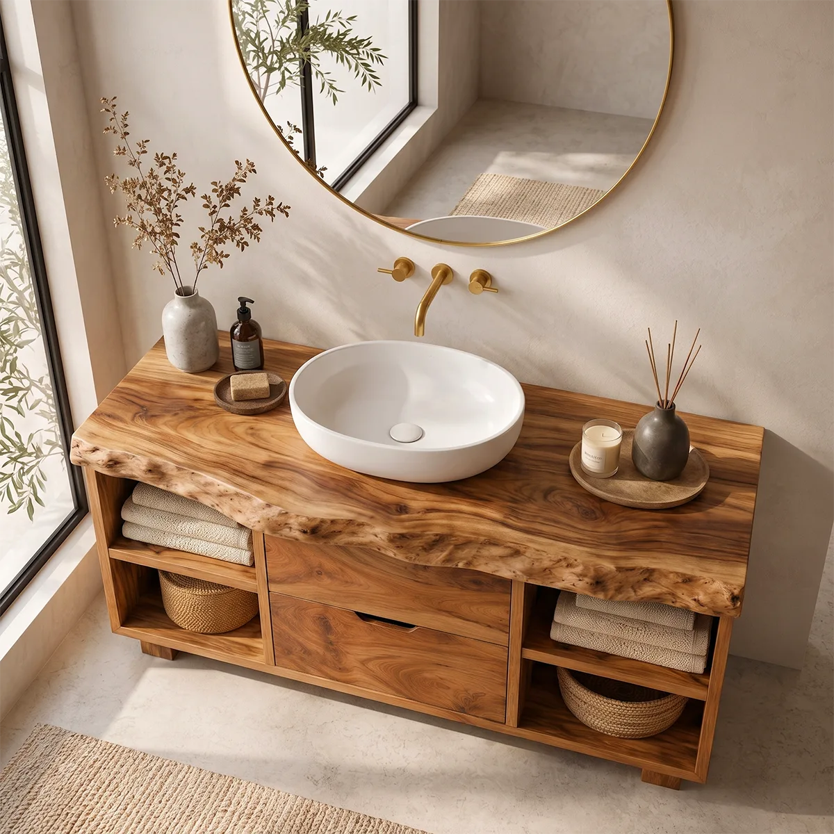 Freestanding Bathroom Vanity with Drawers & Open Shelves | Live Edge Wood Vanity Cabinet