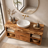 Freestanding Bathroom Vanity with Drawers & Open Shelves | Live Edge Wood Vanity Cabinet