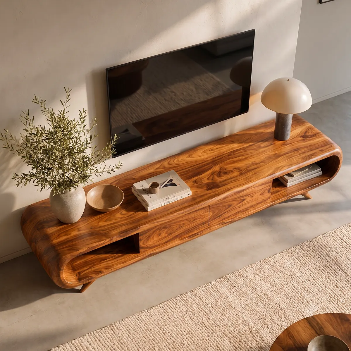 Sculptural Curved TV Stand with Open Shelves & Concealed Storage | Modern Low Profile Media Console