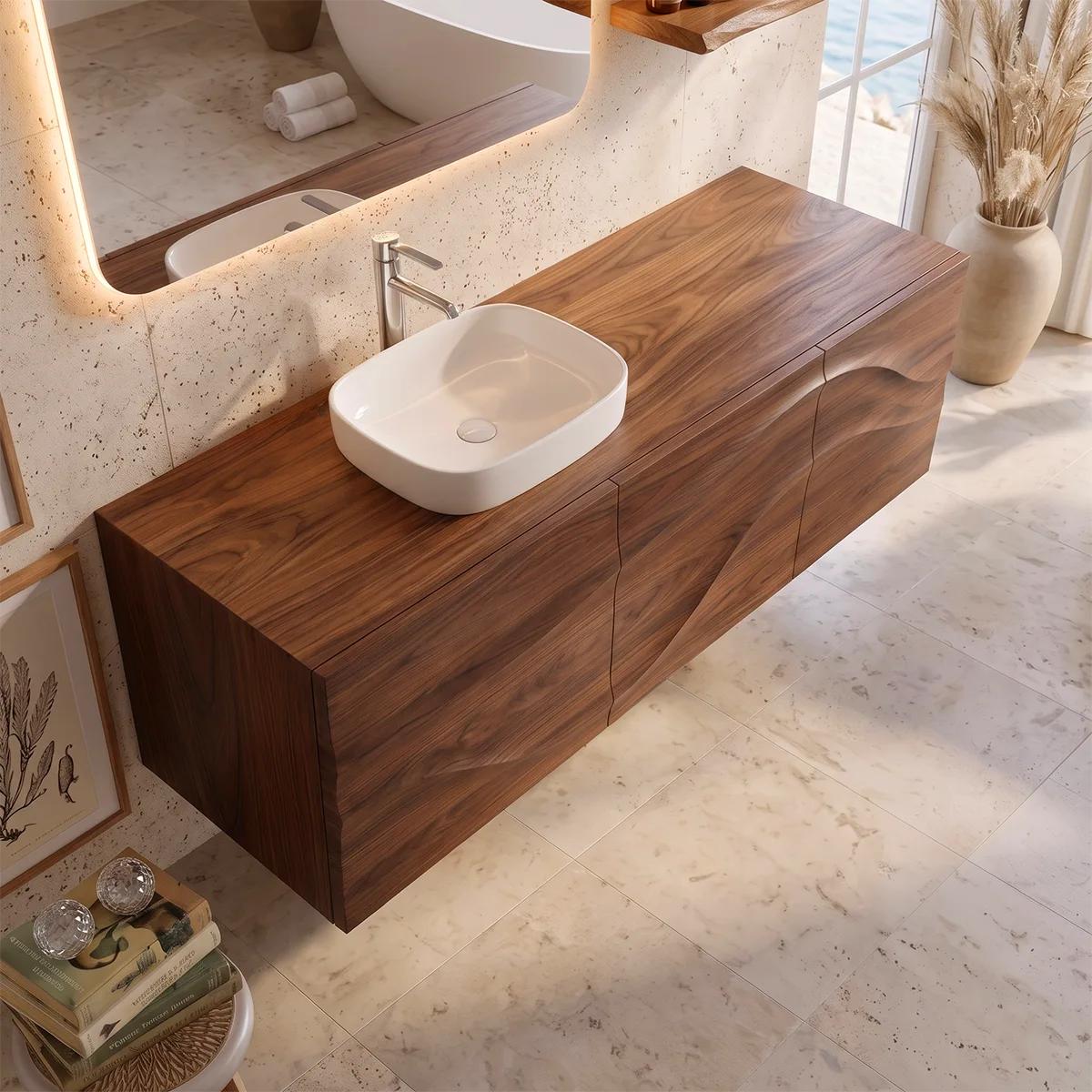 Floating Bathroom Vanity with 3 Doors | Sculpted Wave Front Wall Mounted Vanity Cabinet