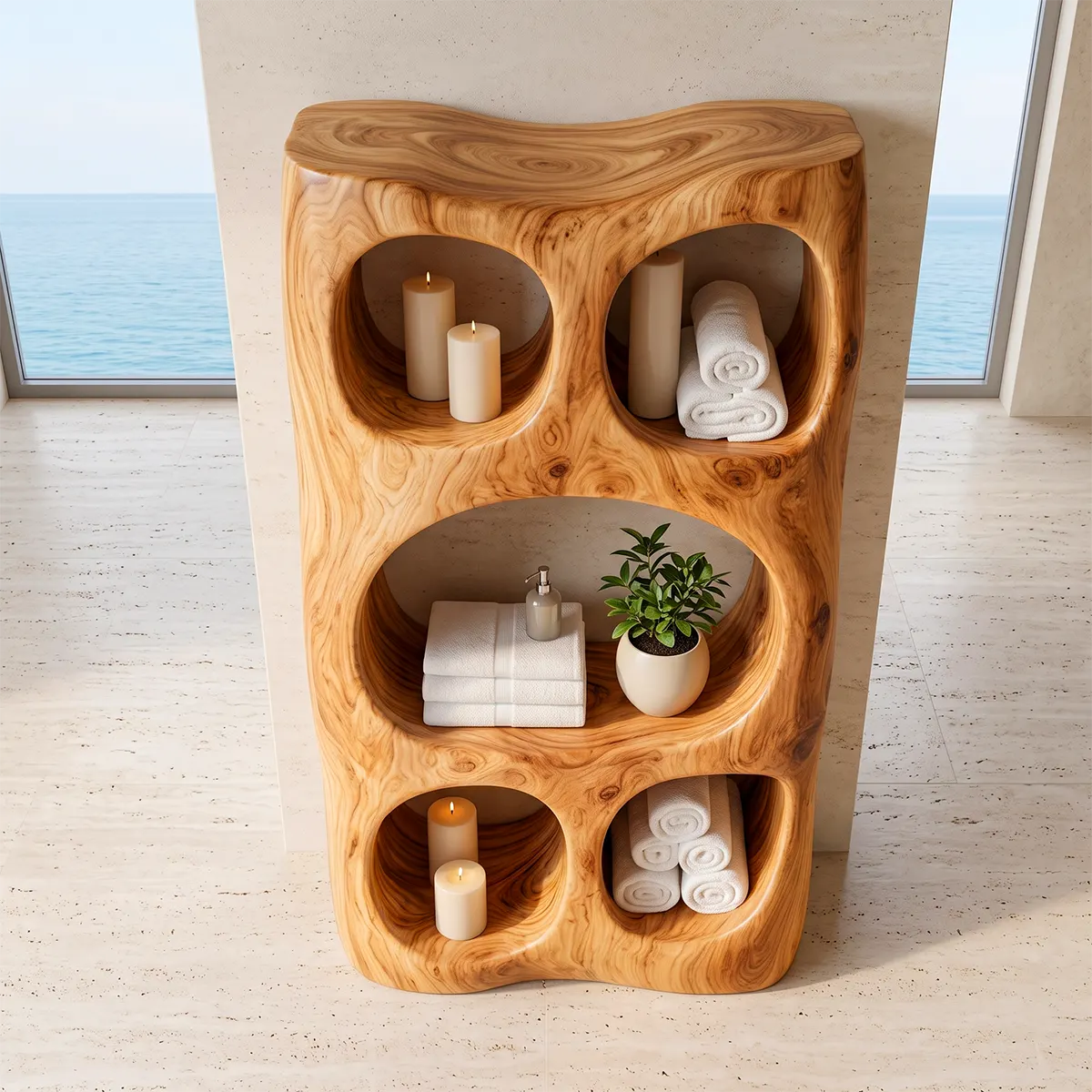 Tall Bathroom Storage Cabinet with Open Shelves | Sculptural Organic Modern Storage Tower