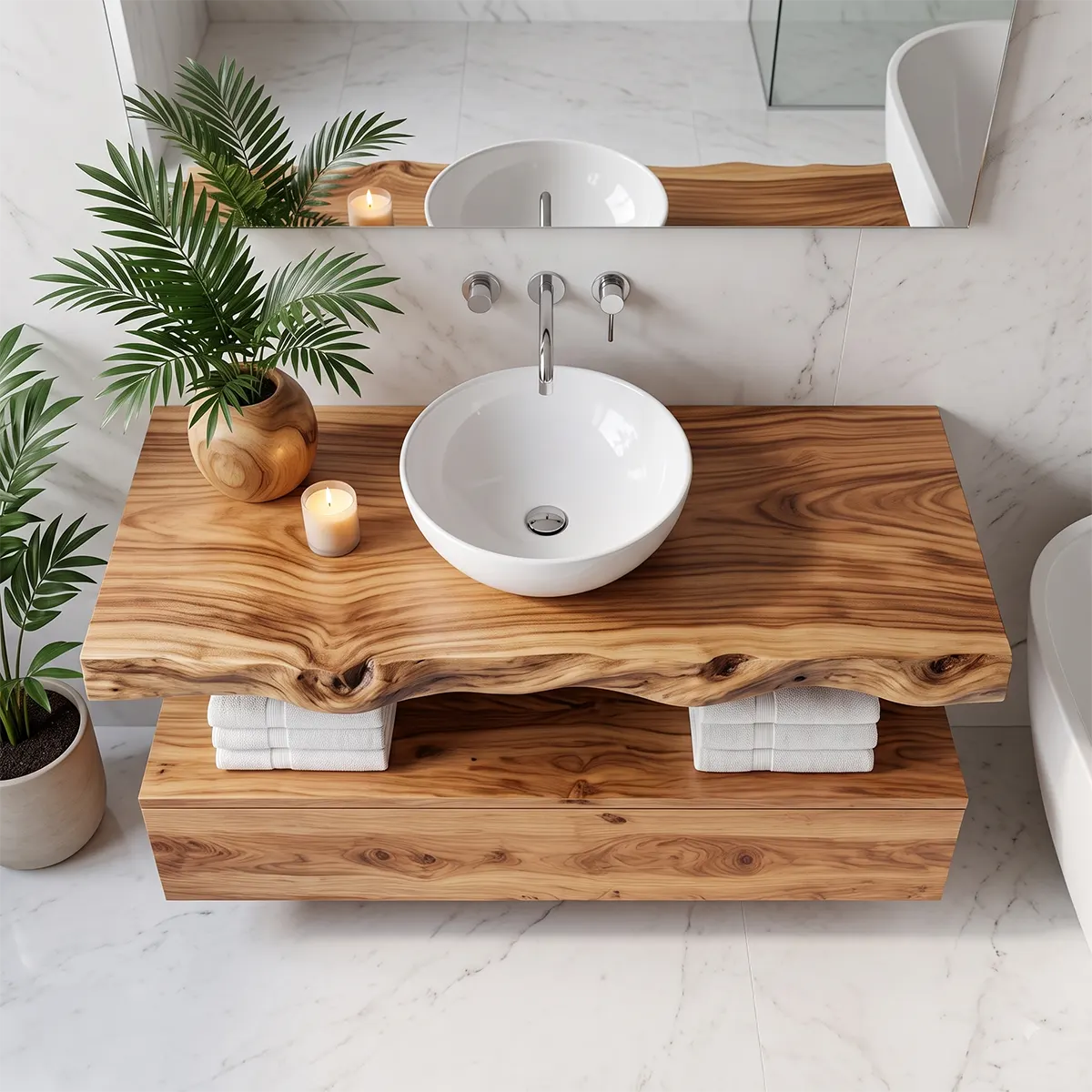 Floating Bathroom Vanity with Large Drawer & Open Shelf | Live Edge Organic Modern Design