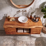 Floating Solid Wood Bathroom Vanity | Live Edge Bathroom Vanity with Double Door Storage and Open Shelf TT006-5OZQ9AW