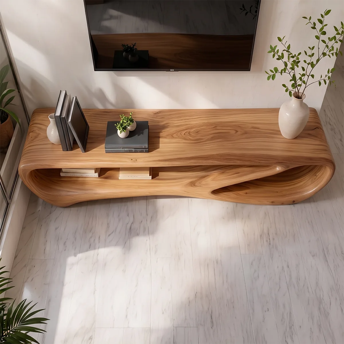 Organic Modern TV Stand with Sculptural Open Shelving & Curved Silhouette TT006-8QOM3WX