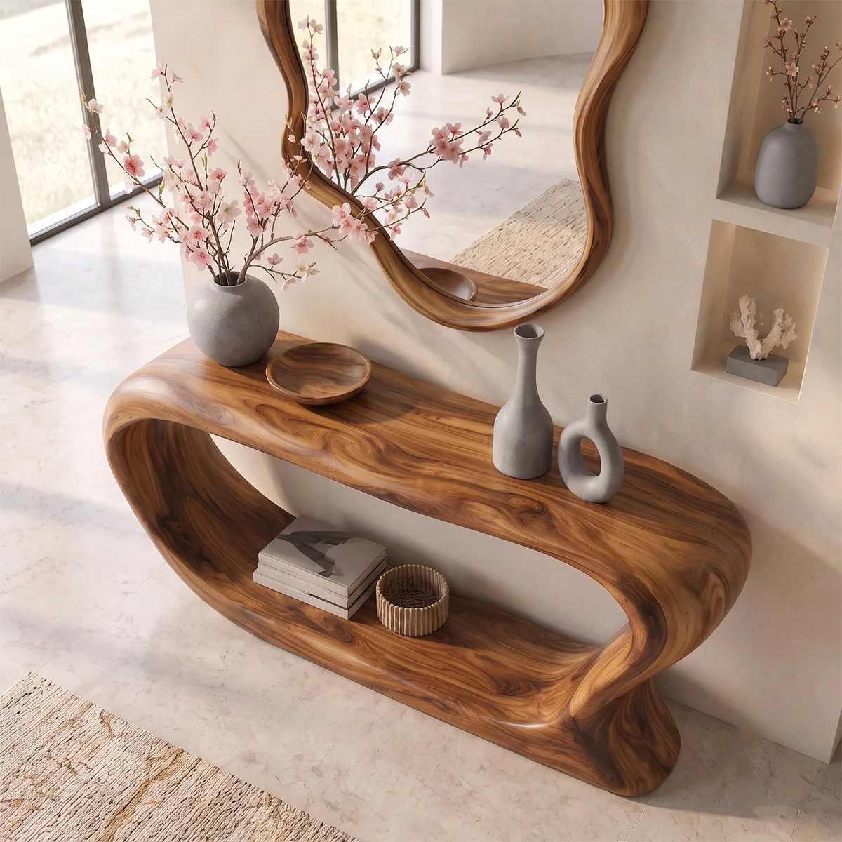 Organic Modern Console Table with Open Shelf & Sculptural Curved Frame for Entryway TT006-6916