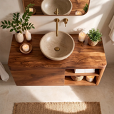 Floating Solid Wood Bathroom Vanity with Single-Door Cabinet & Open Shelves | Wall Mounted Bathroom Vanity with Fixed Storage TT006-5WWS2ST