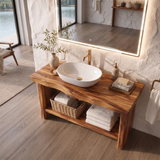 Freestanding Bathroom Vanity with Open Shelf | Organic Modern Bathroom Storage
