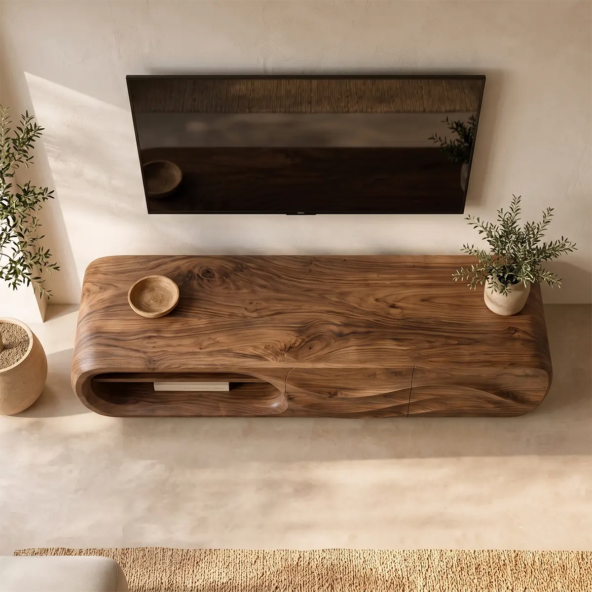 Modern Organic TV Stand with Open Shelving & Dual Sculpted Storage Cabinets TT006-6RWN8II