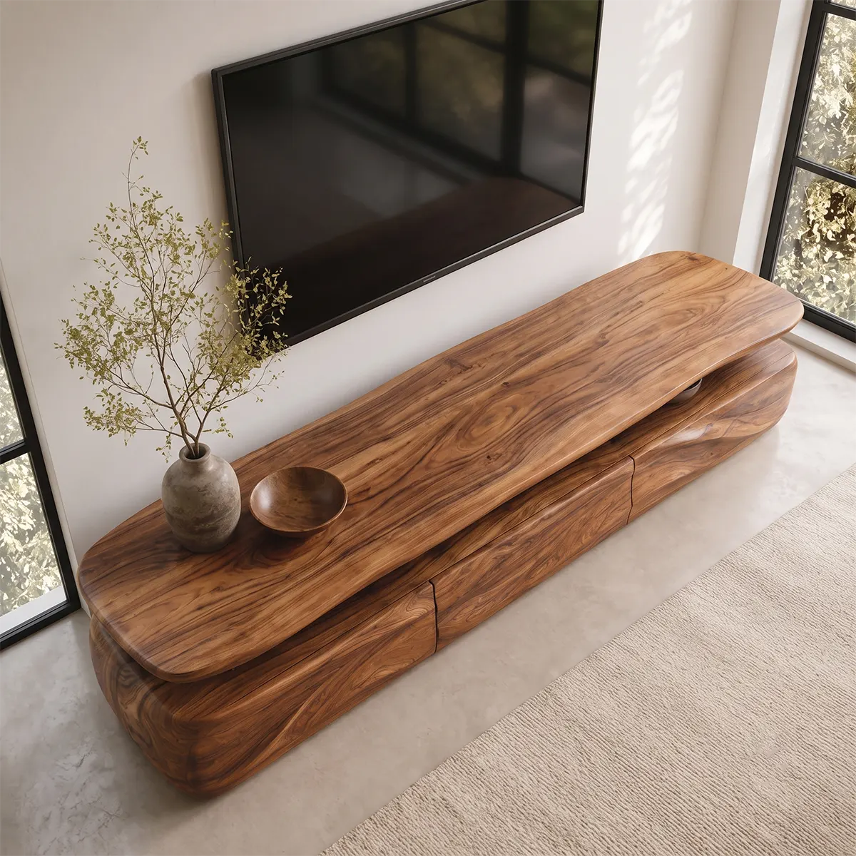 Modern Organic TV Stand with Three Sculpted Cabinets | Open Display Media Console TT006-3GCV7CG