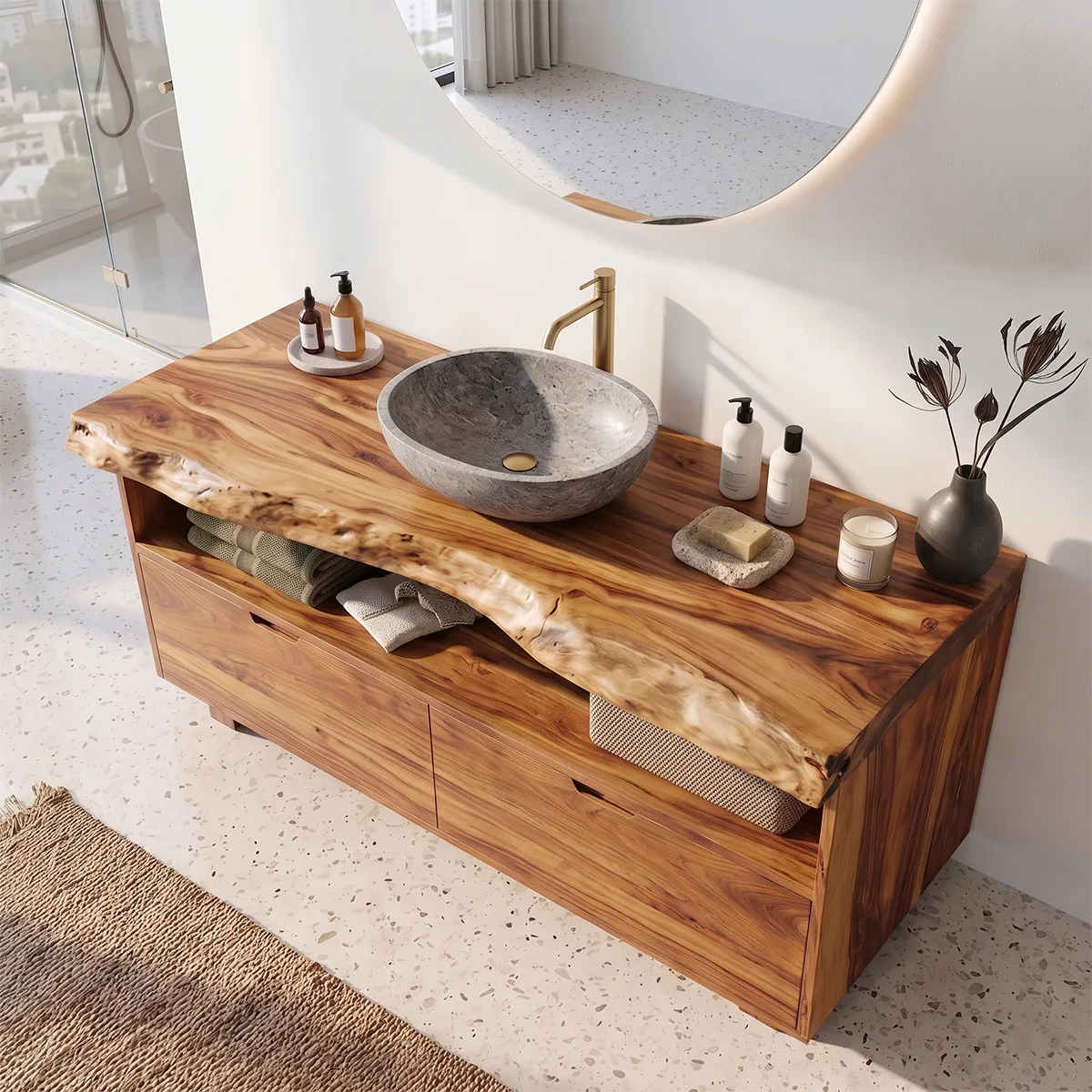 Freestanding Bathroom Vanity with 2 Drawers & Open Shelf | Live Edge Modern Organic Design