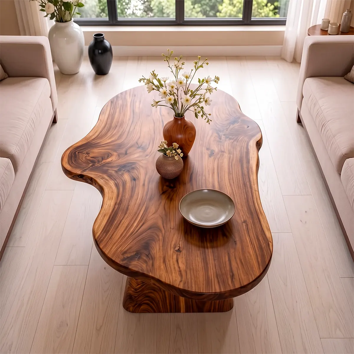 Organic Solid Wood Coffee Table | Live Edge Modern Center Table with Sculptural Base TT006-5632