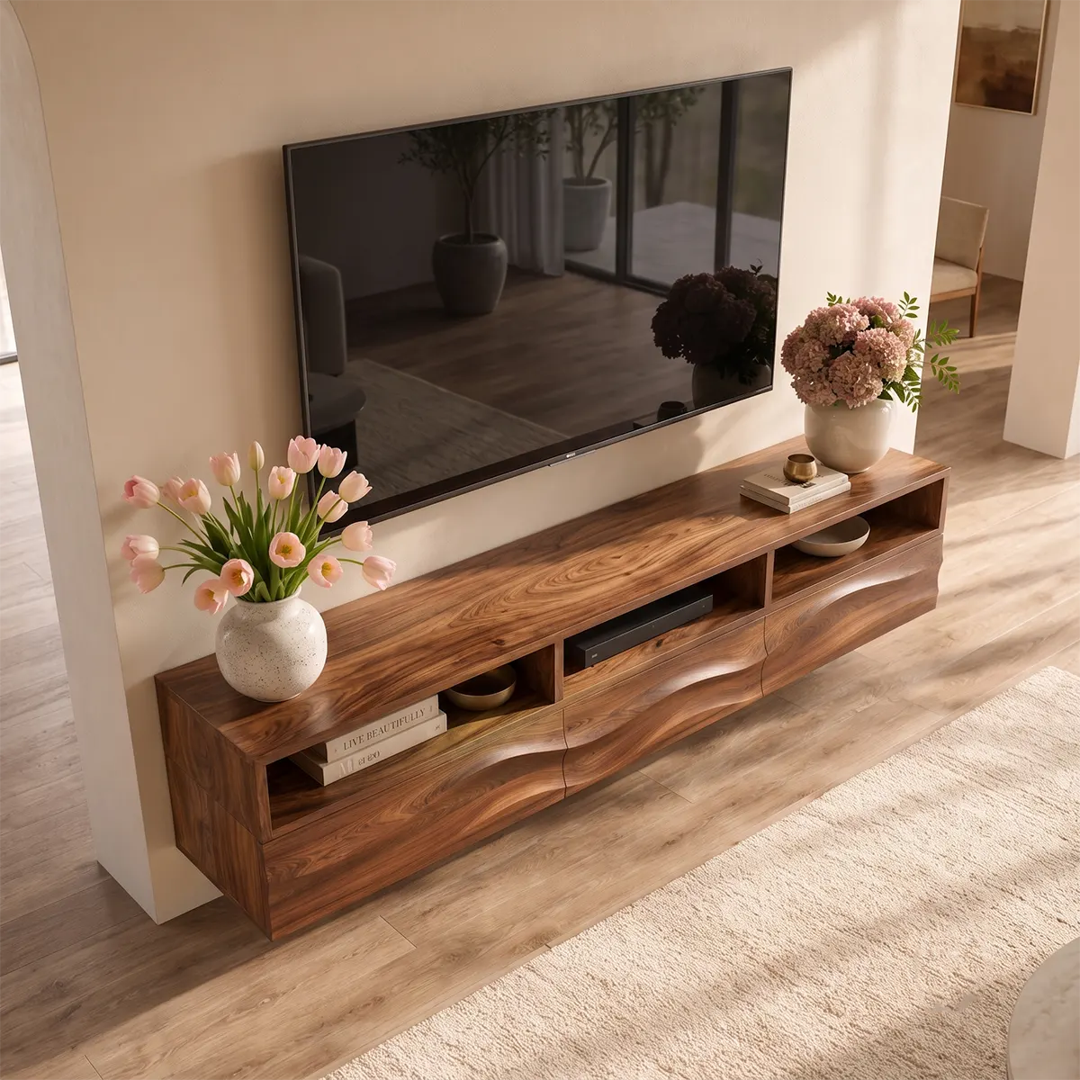 Floating TV Stand with Open Shelving & Three Drawers | Organic Modern Media Console TT006-5IOW6DK