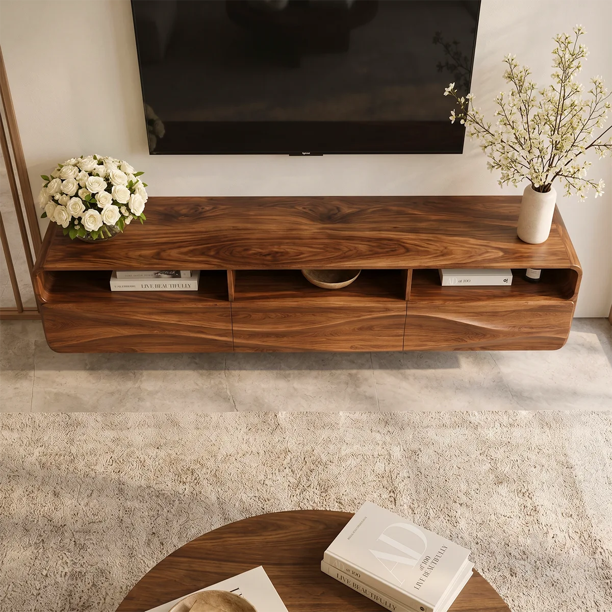 Floating TV Stand with Open Shelving & Three Drawers | Organic Modern TV Console TT006-5STK9KO