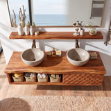 Floating Double Sink Solid Wood Bathroom Vanity | Modern Wood Vanity with Open Shelf & Carved Hinged Cabinet TT006-1ERI1VM
