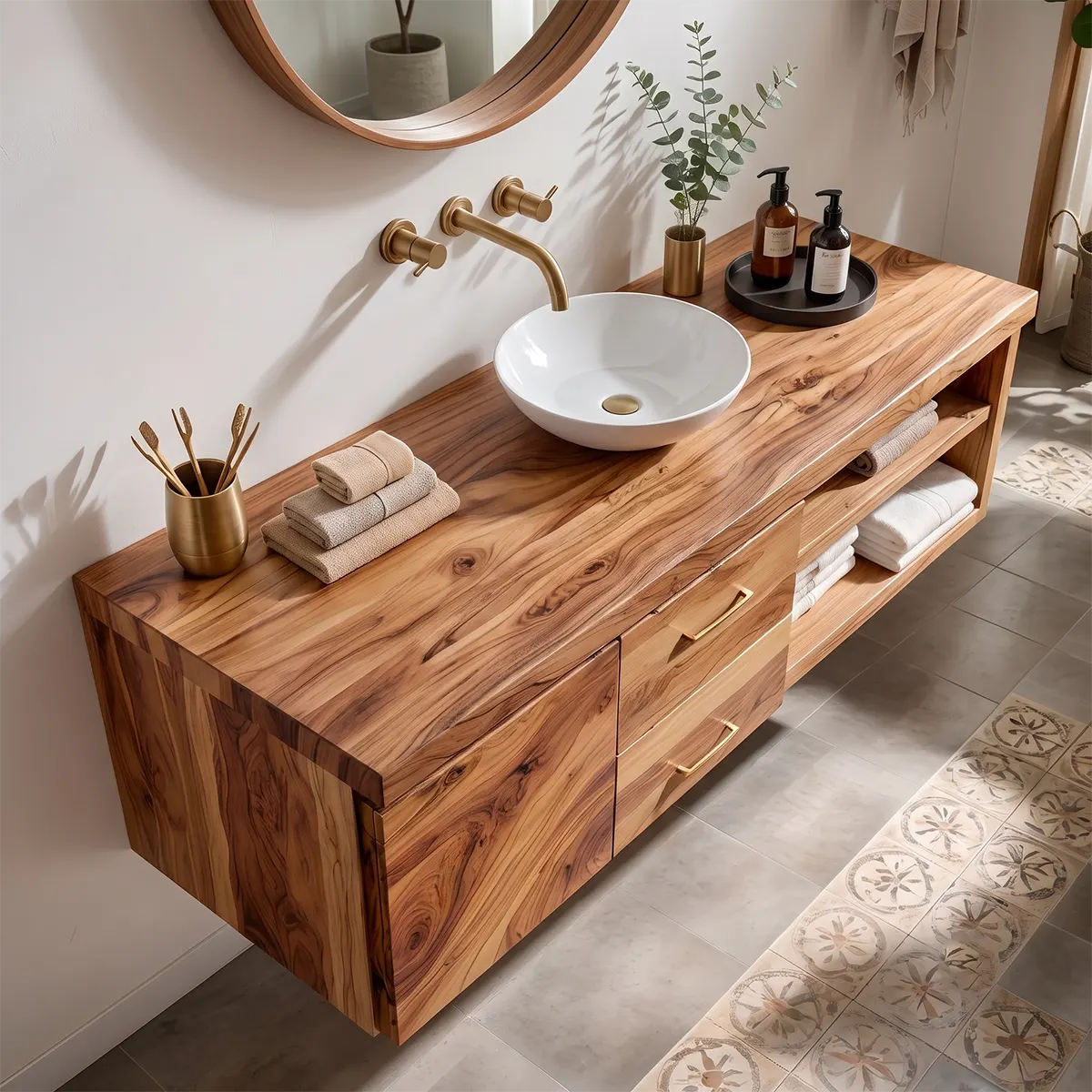 Floating Solid Wood Bathroom Vanity | Live Edge Wood Vanity with Soft-Close Drawers & Open Shelves TT006-1WVD8ID