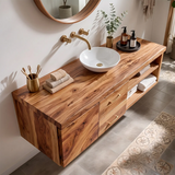 Floating Solid Wood Bathroom Vanity | Live Edge Wood Vanity with Soft-Close Drawers & Open Shelves TT006-1WVD8ID