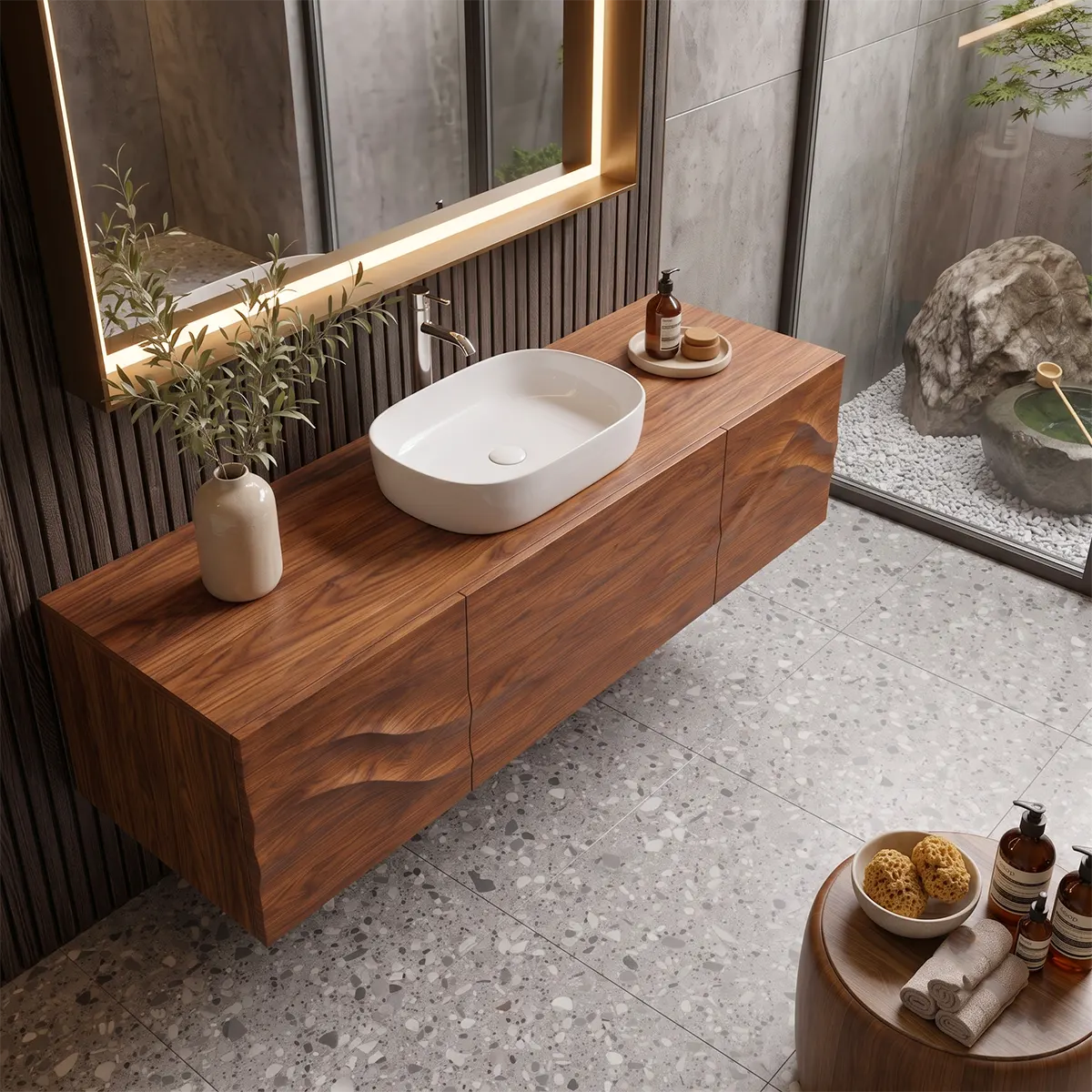 Floating Bathroom Vanity with 3 Doors | Sculpted Wave Front & Handleless Design