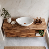 Floating Solid Wood Bathroom Vanity | Wall Mounted Single Sink Vanity with 2 Hinged Cabinets & Open Shelf TT006-6DFI9SI