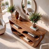 Modern Wooden Console Table with Open Shelves & Sculptural Organic Design TT006-5635
