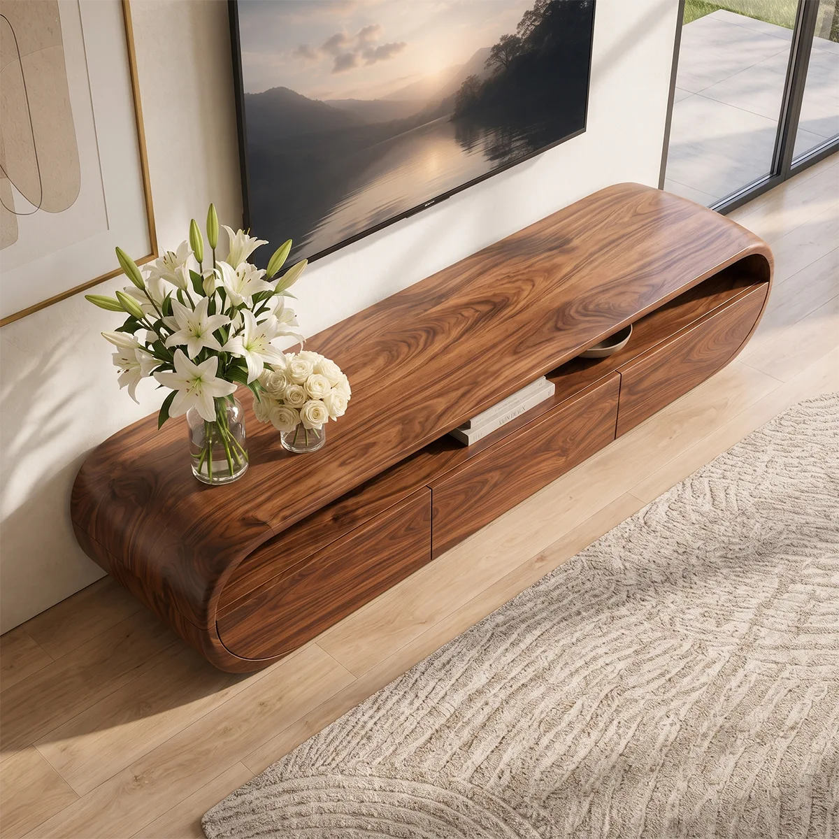 Organic Modern TV Stand with Open Shelf & 3 Drawers | Modern Media Console TT006-5REB7GU