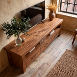 Modern TV Stand with 3 Drawers & Open Shelf | Long Low Profile Media Console