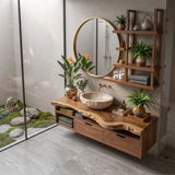 Floating Solid Wood Bathroom Vanity with Drawers & Open Shelves | Wall Mounted Bathroom Vanity with Live Edge Countertop TT006-8CNN1NN