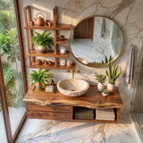 Floating Solid Wood Bathroom Vanity with Drawers & Open Shelf | Wall Mounted Bathroom Vanity with Live Edge Countertop TT006-5OAT6SE