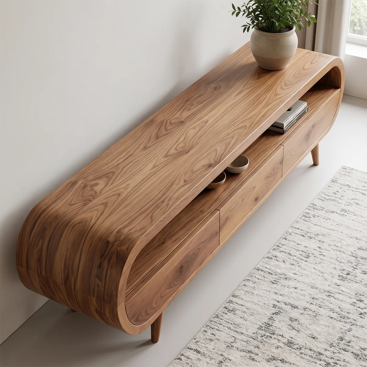 Modern Organic TV Stand with Open Shelf | Three Drawer Media Console TT006-6OAK3NB