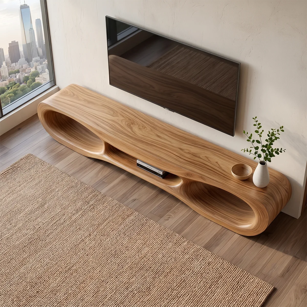 Organic Modern TV Stand with Triple Open Shelving & Sculptural Curved Design TT006-3KAV6WJ