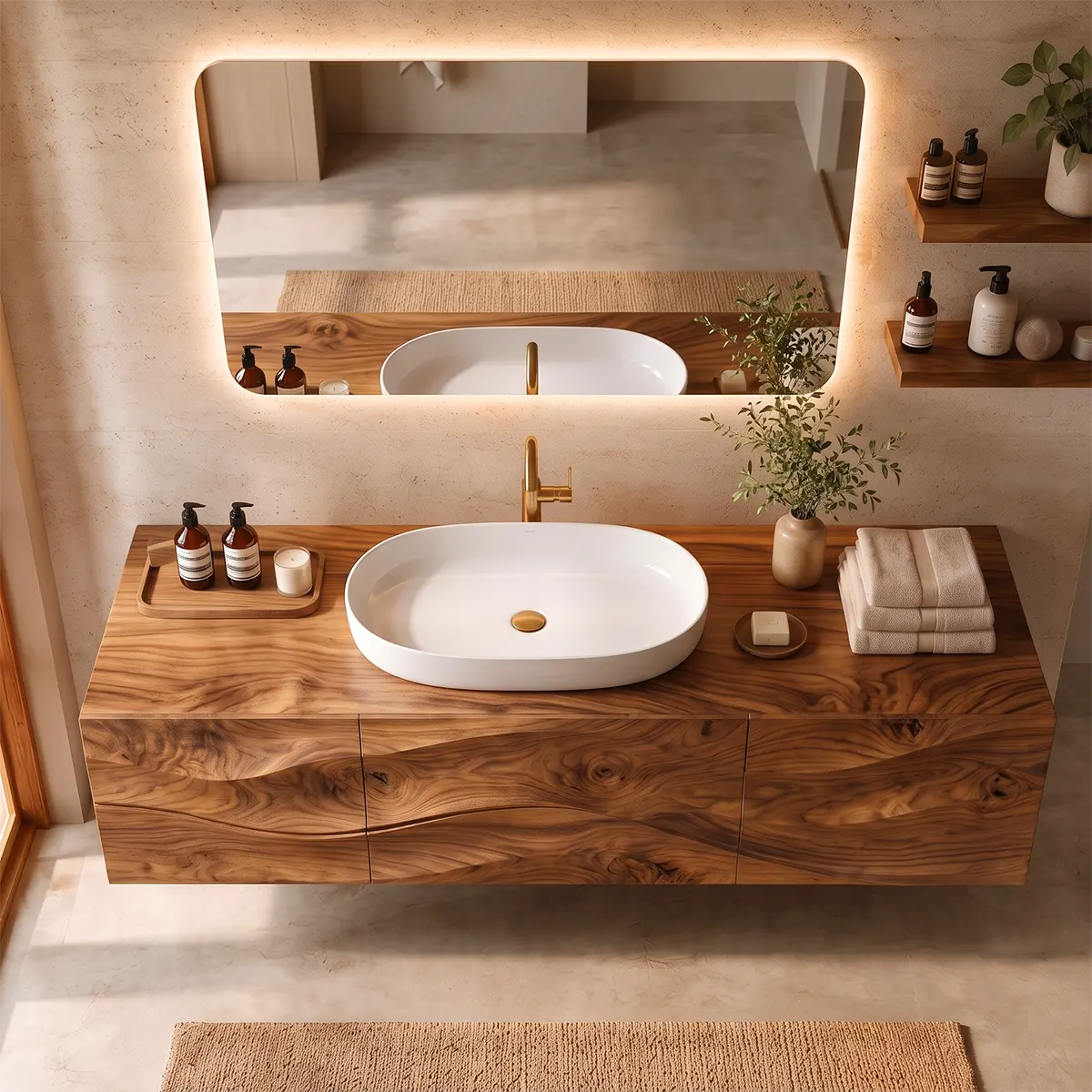 Floating Bathroom Vanity with 3 Doors | Sculpted Wave Front & Handleless Modern Design