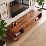 Modern Curved TV Stand with 4 Drawers & 2 Open Shelves | Sculptural Media Console