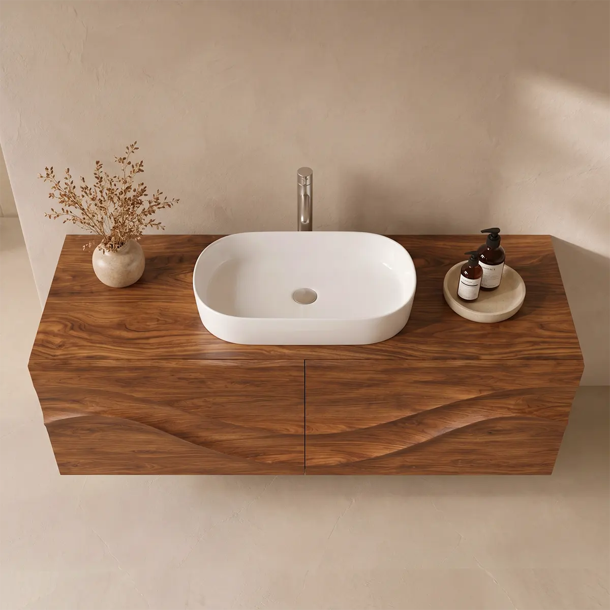 Floating Bathroom Vanity with 2 Doors | Sculpted Wave Front Wall Mounted Vanity Cabinet
