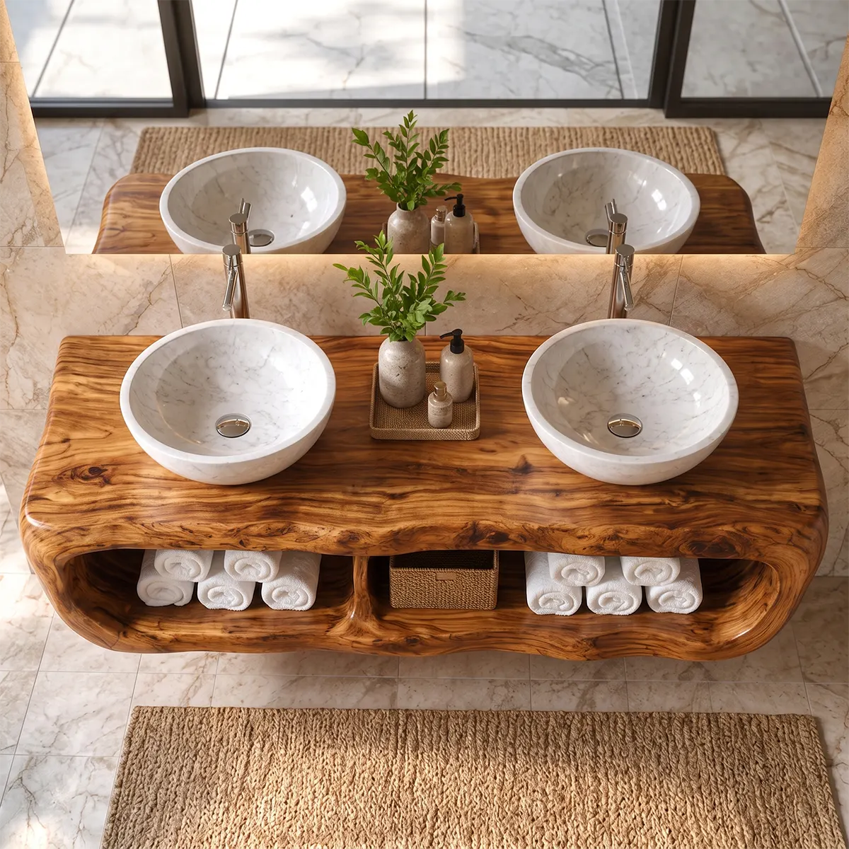 Floating Double Bathroom Vanity with Open Storage Compartments | Sculptural Organic Modern Design