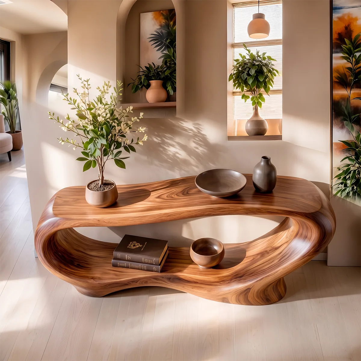 Organic Modern Console Table with Open Display Shelf & Sculptural Curved Design TT006-3660