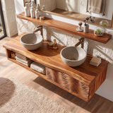 Floating Double Sink Solid Wood Bathroom Vanity | Live Edge Wood Vanity with Open Shelf & Carved Hinged Cabinet TT006-9PJD5EI