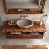 Floating Solid Wood Bathroom Vanity | Live Edge Bathroom Vanity with Fluted Drawers and Open Shelf TT006-8ZMT8QZ