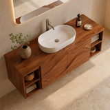 Floating Bathroom Vanity with 2 Carved Wave Doors & 4 Open Storage Compartments