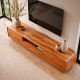 Modern Curved TV Stand with Drawer, Cabinet & Open Shelf | Low Profile Media Console